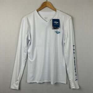Palmyth Performance Long Sleeve White Shirt V Neck Palm Tree Women's Size M